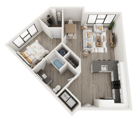 Floor plan for 1 bed, 1 bath, 887 sqft